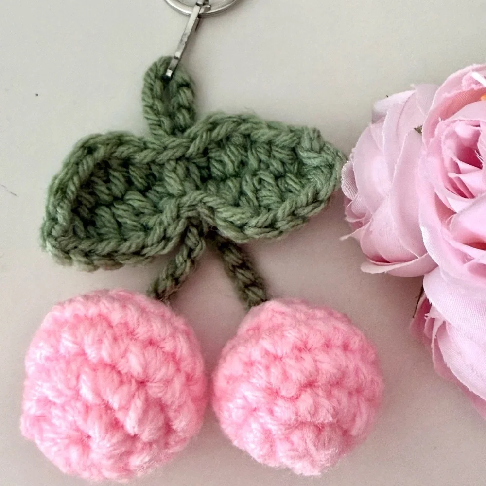 Handmade Crochet Cherry Keychain – Cute Pink Amigurumi Bag Charm - Picture 5 of 7